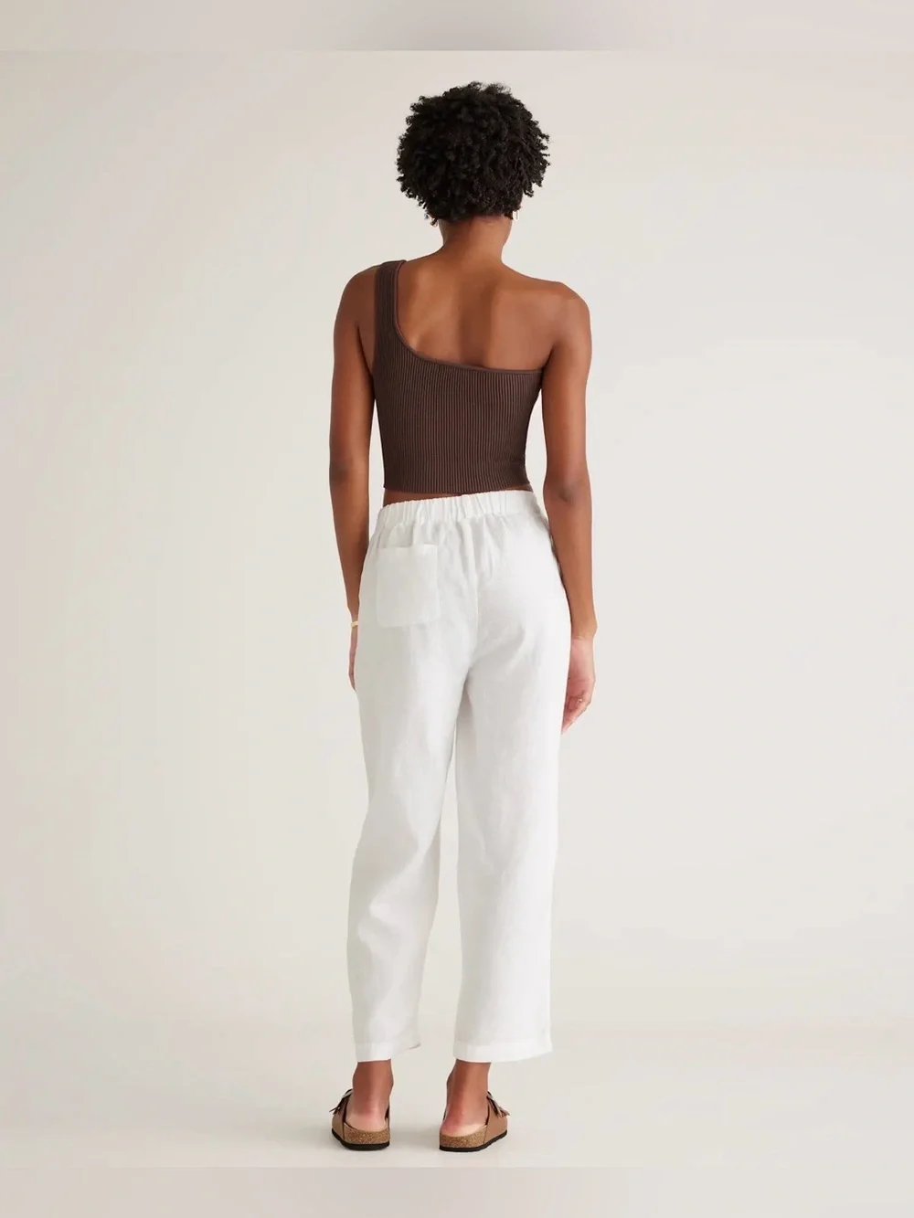 Quince 100% European Linen White Elastic-Waist Slim Crop Pants Size L